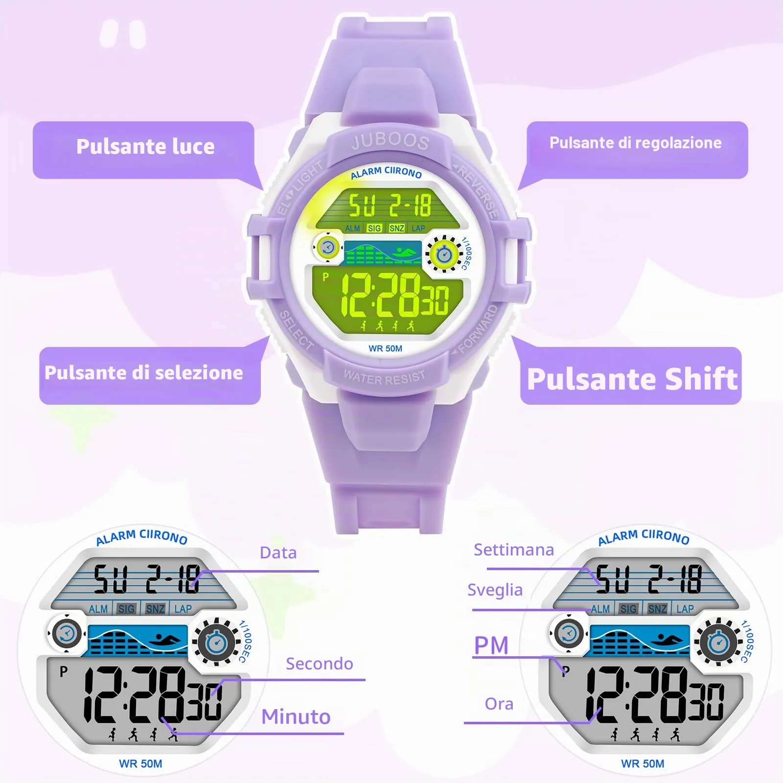 Juboos Orologio Digitale Impermeabile per Bambini, Design Orecchie da Gatto con Cinturino Stampato e 7 Luci Colorate, 4-12 Anni - immagine 6