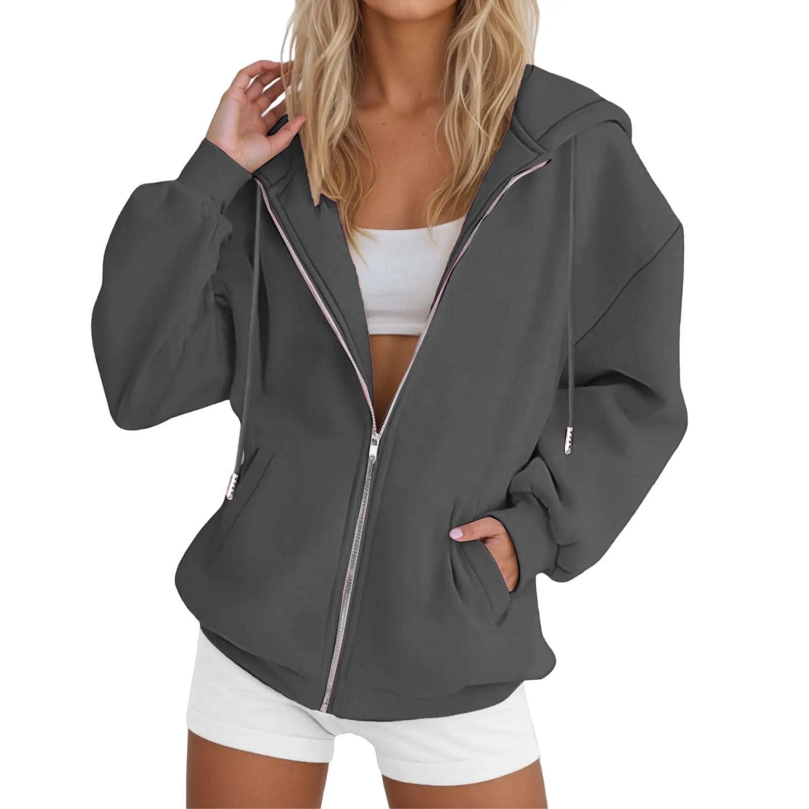 Viunychn Felpa Donna con Zip e Cappuccio, Cotone, Oversize, Grigio Scuro - immagine 2