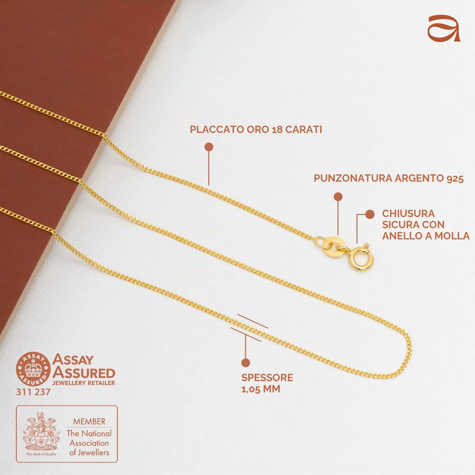 Amberta Collanina Barbazzale in Argento Sterling 925 Placcato Oro 18K, 1.05 mm, 55 cm - immagine 5