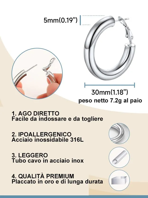 PROSTEEL Orecchini a Cerchio in Acciaio Inossidabile 316L, 30mm, Argento - immagine 5
