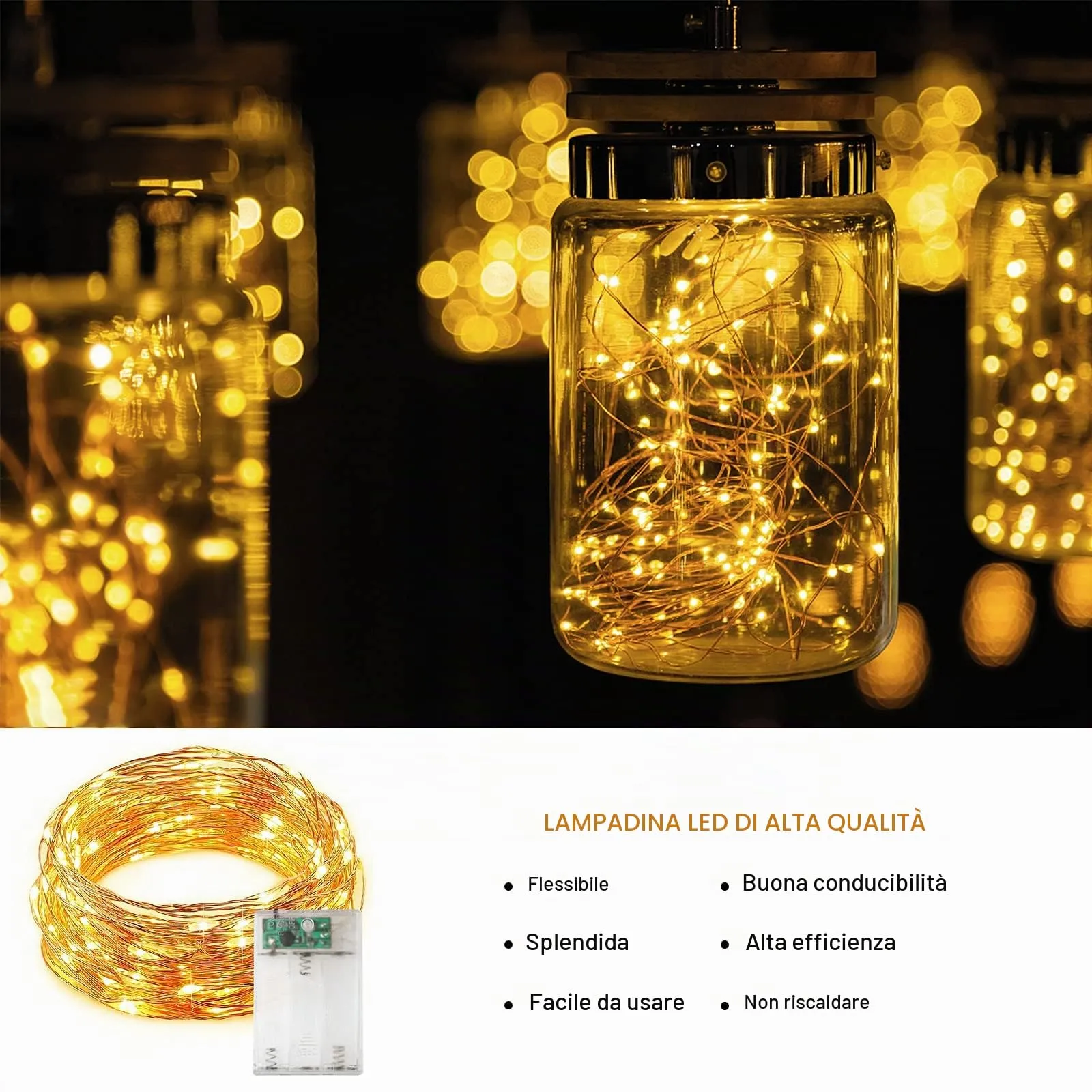 Jsdoin Lucine LED Decorative a Batteria, 5M 50 LED Filo Luci Natale, Bianco Caldo - immagine 2