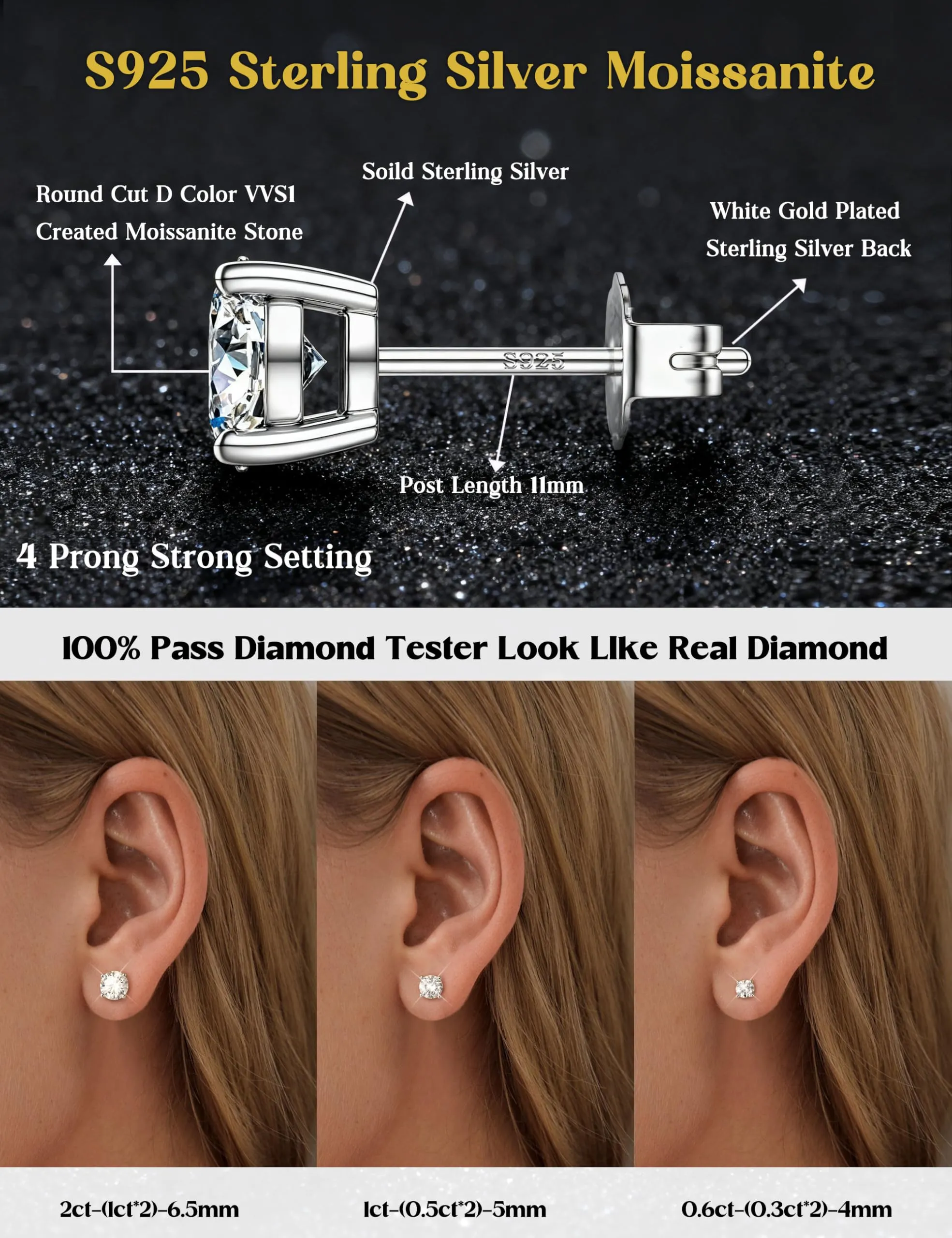 FANCH Orecchini in Moissanite 2ct Argento 925 Oro Bianco - immagine 2