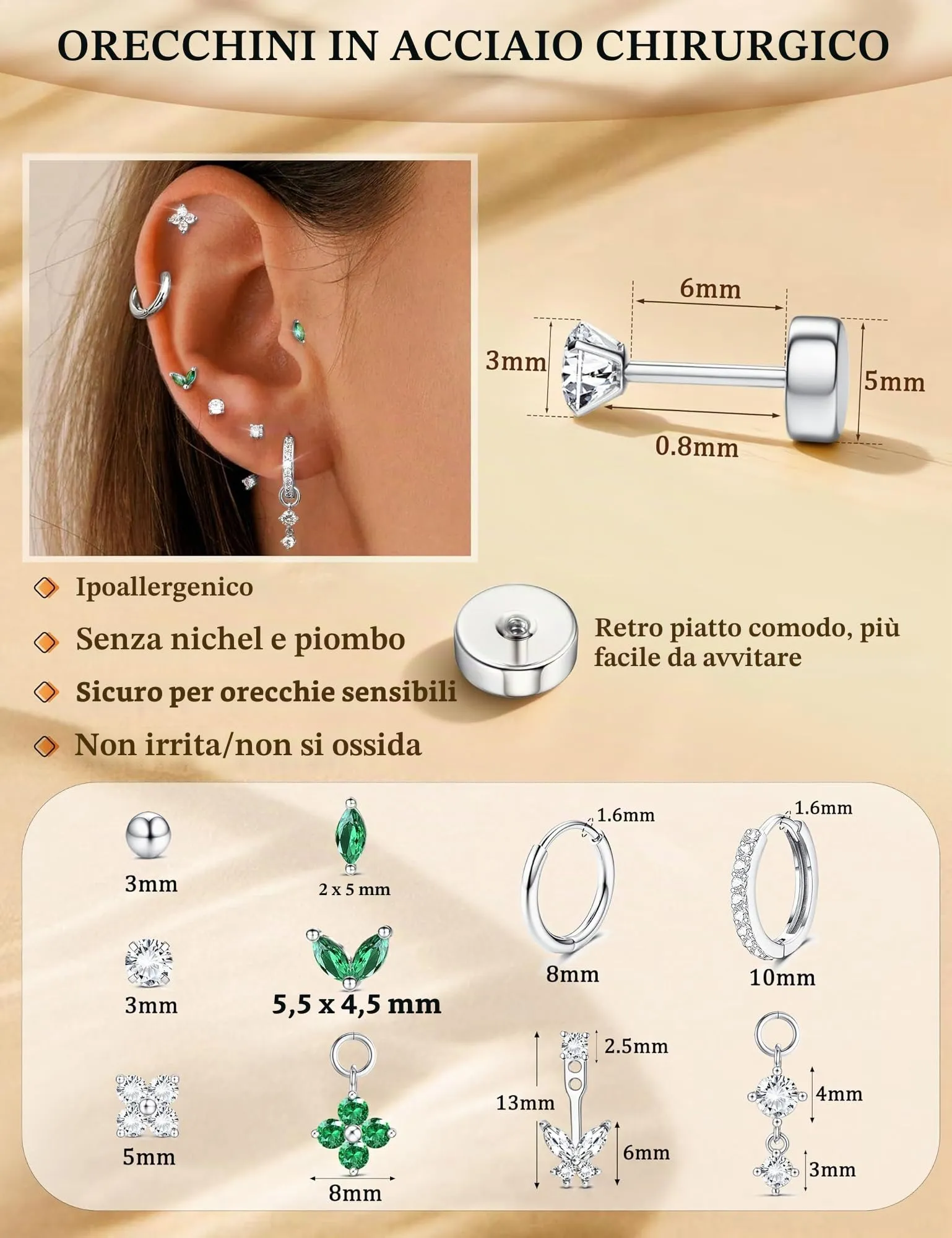 Milacolato Set 10 Paia Orecchini in Acciaio Chirurgico 316L Oro e Argento per Piercing Helix e Trago - immagine 2
