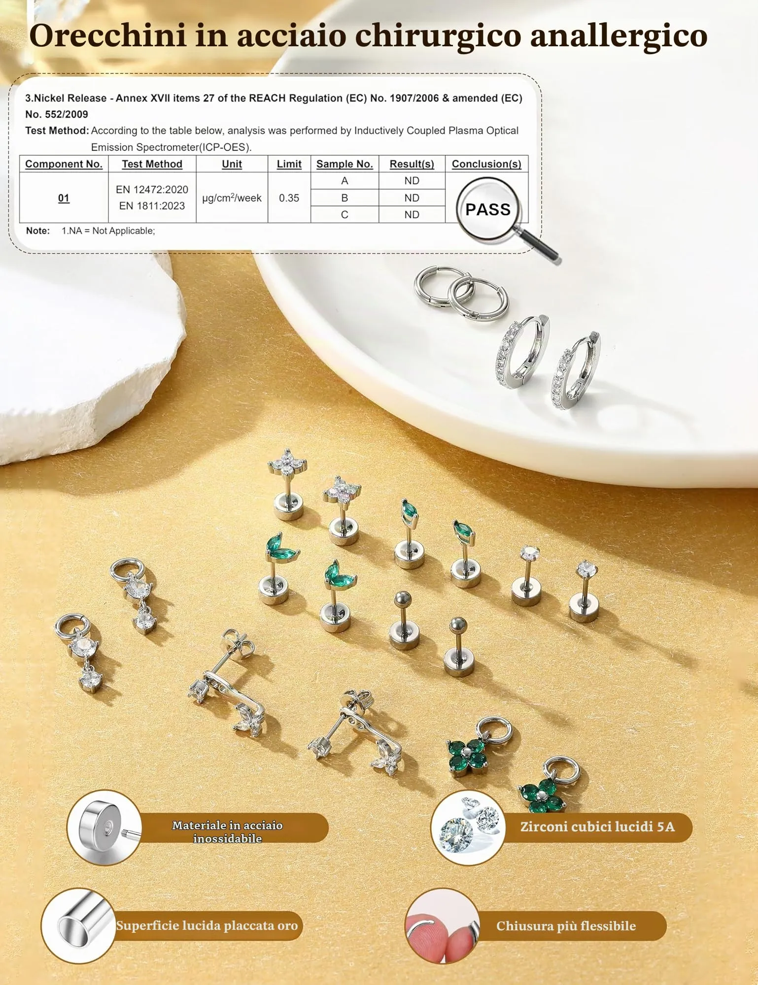 Milacolato Set 10 Paia Orecchini in Acciaio Chirurgico 316L Oro e Argento per Piercing Helix e Trago - immagine 5