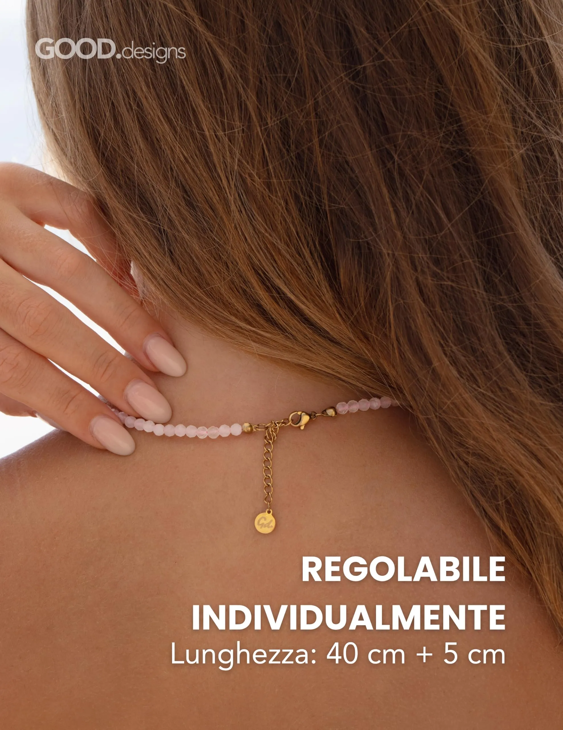 GD GOOD.designs Collana in quarzo rosa, pietre naturali sfaccettate 4 mm, placcatura in oro 18K, 40–45 cm - immagine 4