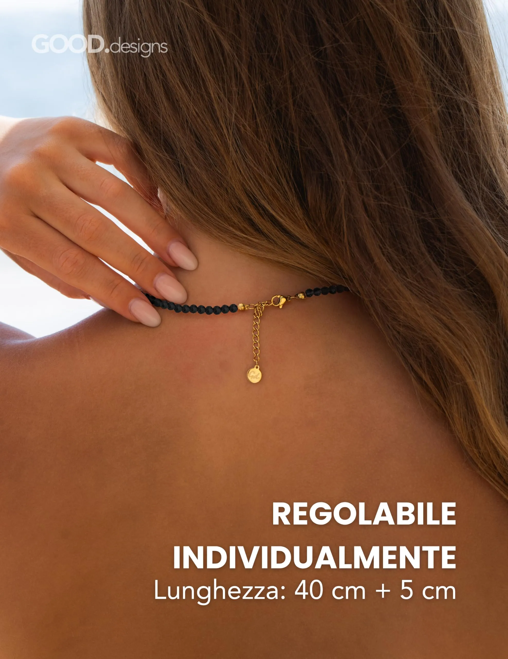 GD GOOD.designs Collana in tormalina nera, pietre naturali sfaccettate 4 mm, placcatura in oro 18K, 40–45 cm - immagine 4