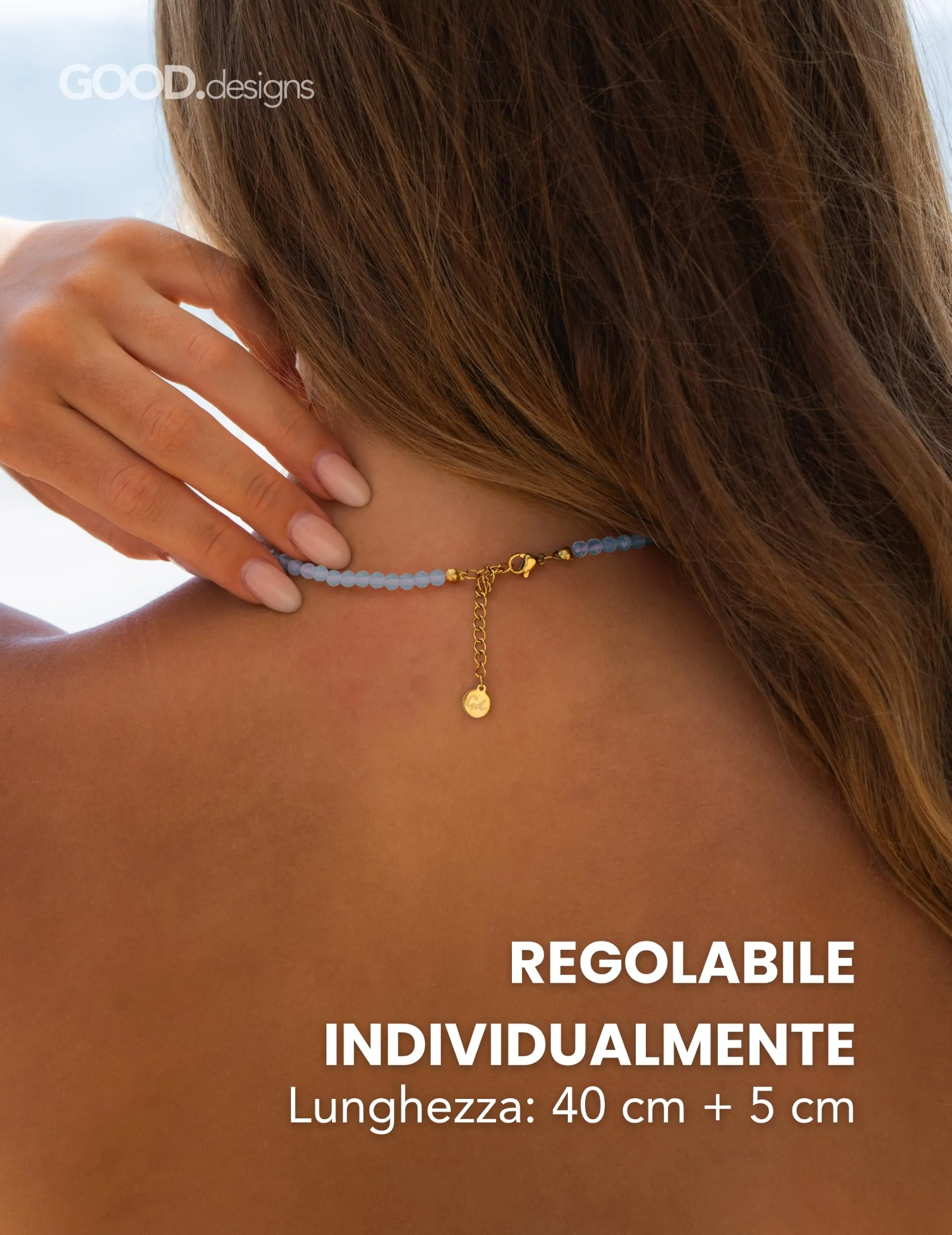 GD GOOD.designs Collana in acquamarina con pietre naturali sfaccettate da 4 mm e placcatura in oro 18K, 40–45 cm, Blu - immagine 4
