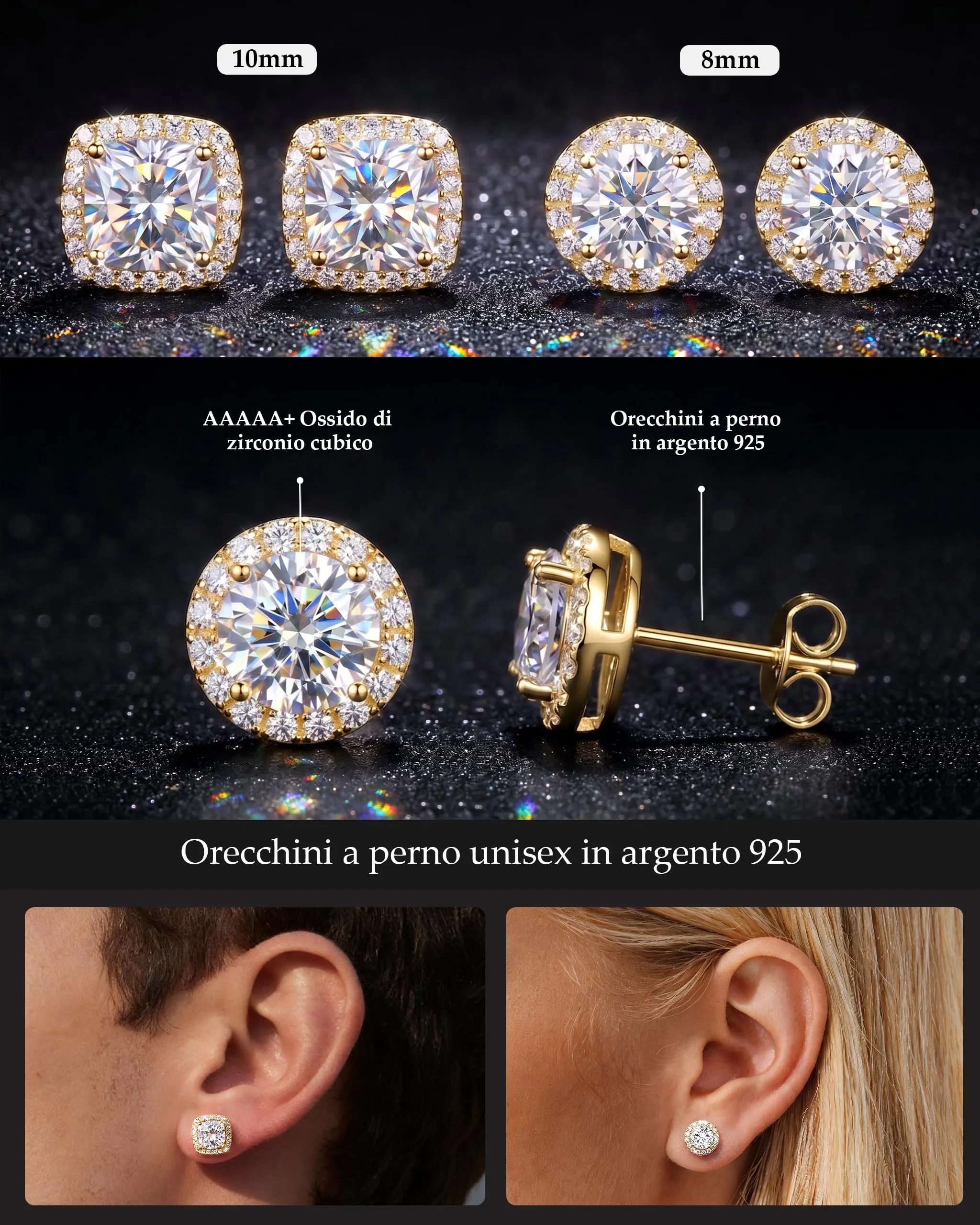Ahokei Orecchini in Argento 925 con Zirconi, 2 Paia, Oro - immagine 2