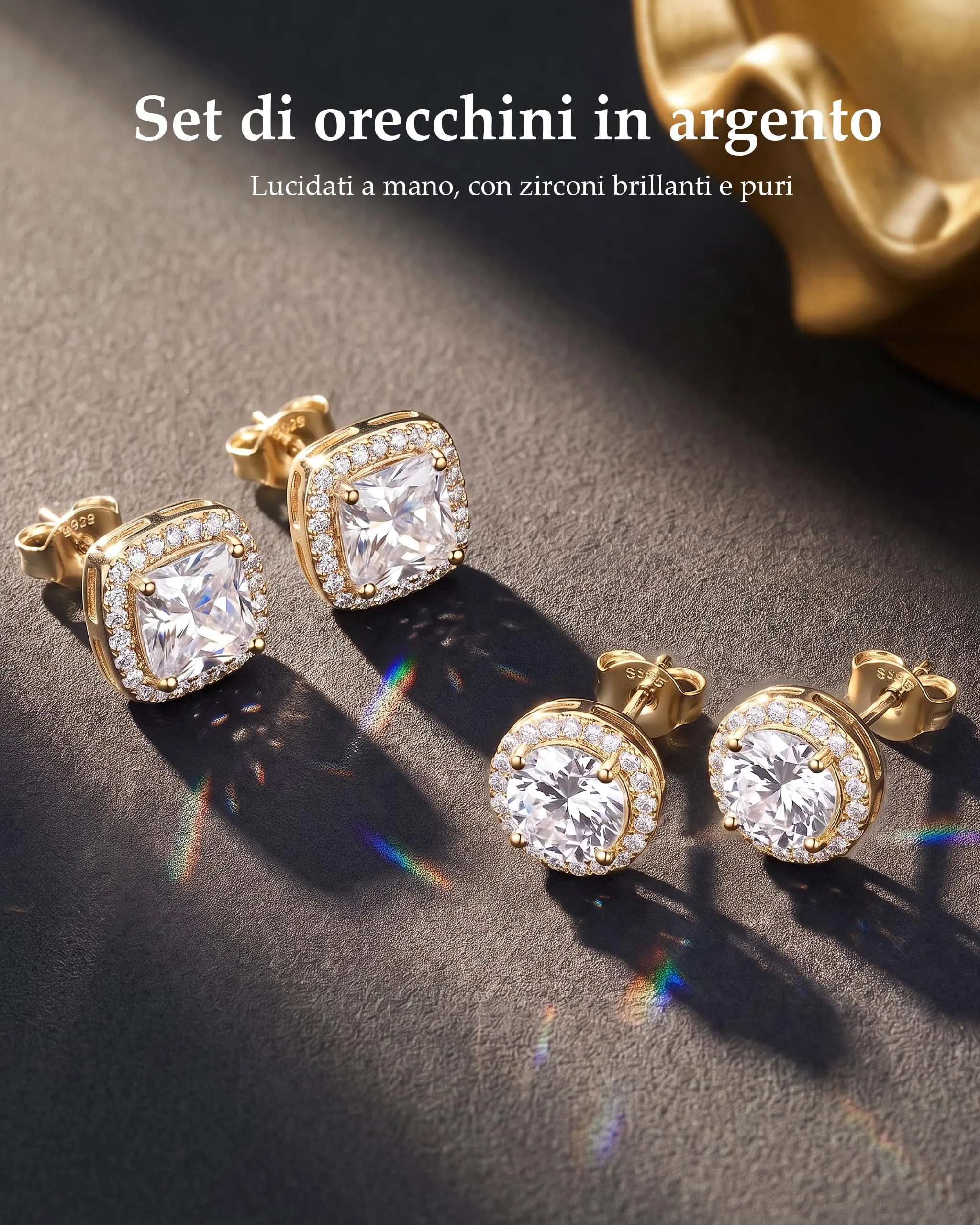 Ahokei Orecchini in Argento 925 con Zirconi, 2 Paia, Oro - immagine 4