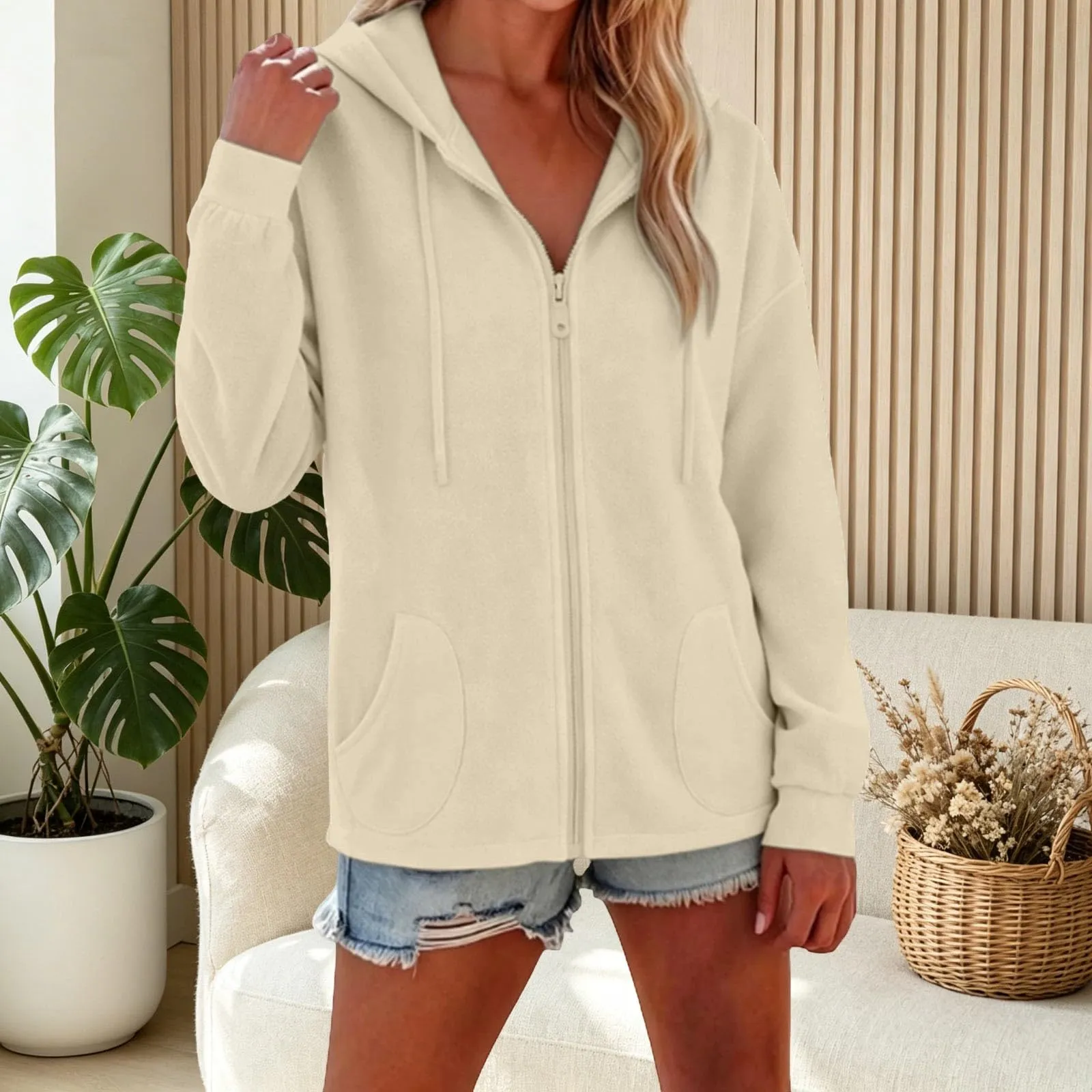 Viunychn Felpa Donna con Zip e Cappuccio in Cotone, Taglia Oversize, Tinta Unita - immagine 5
