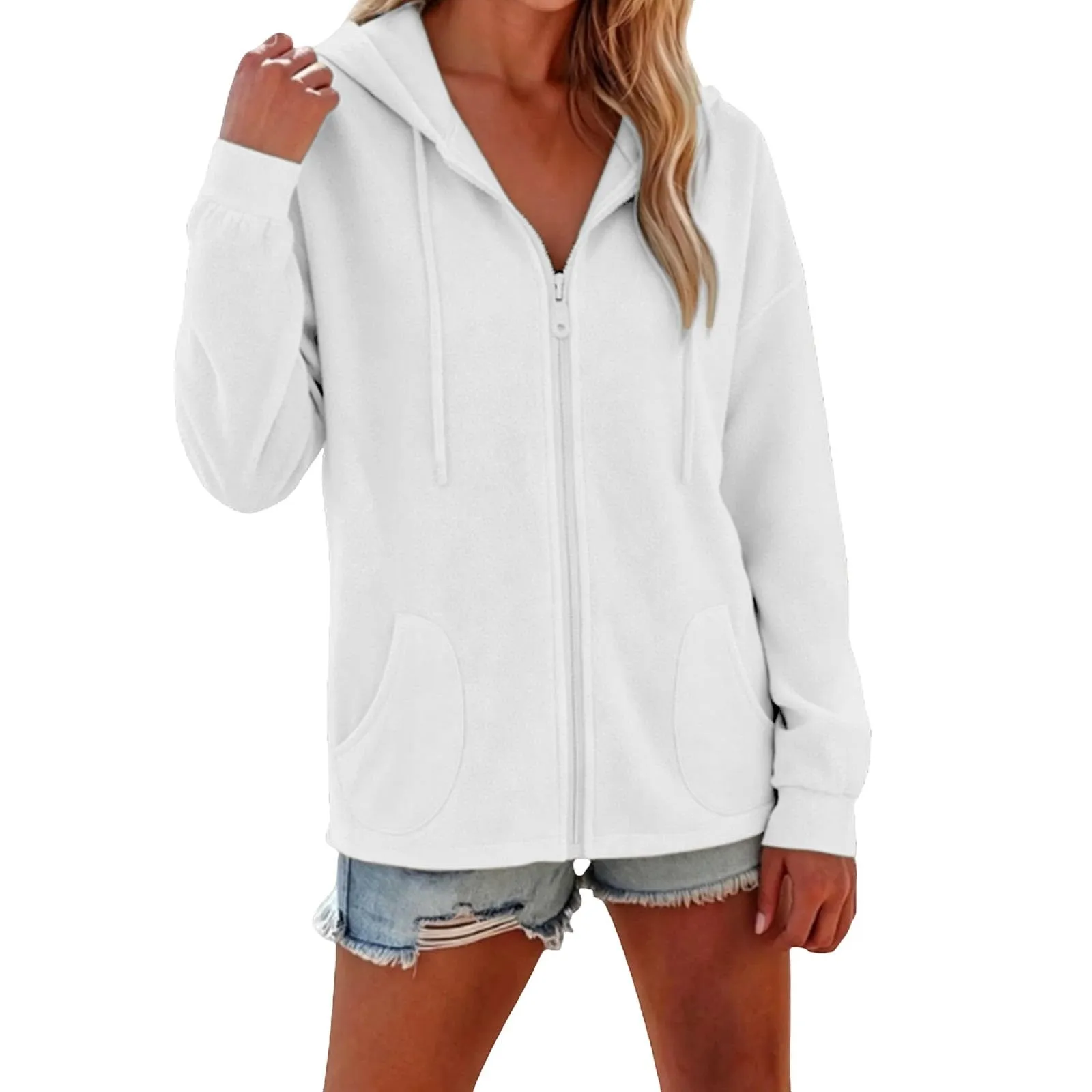 Viunychn Felpa Donna con Zip e Cappuccio in Cotone, Taglia Oversize, Bianco - immagine 2