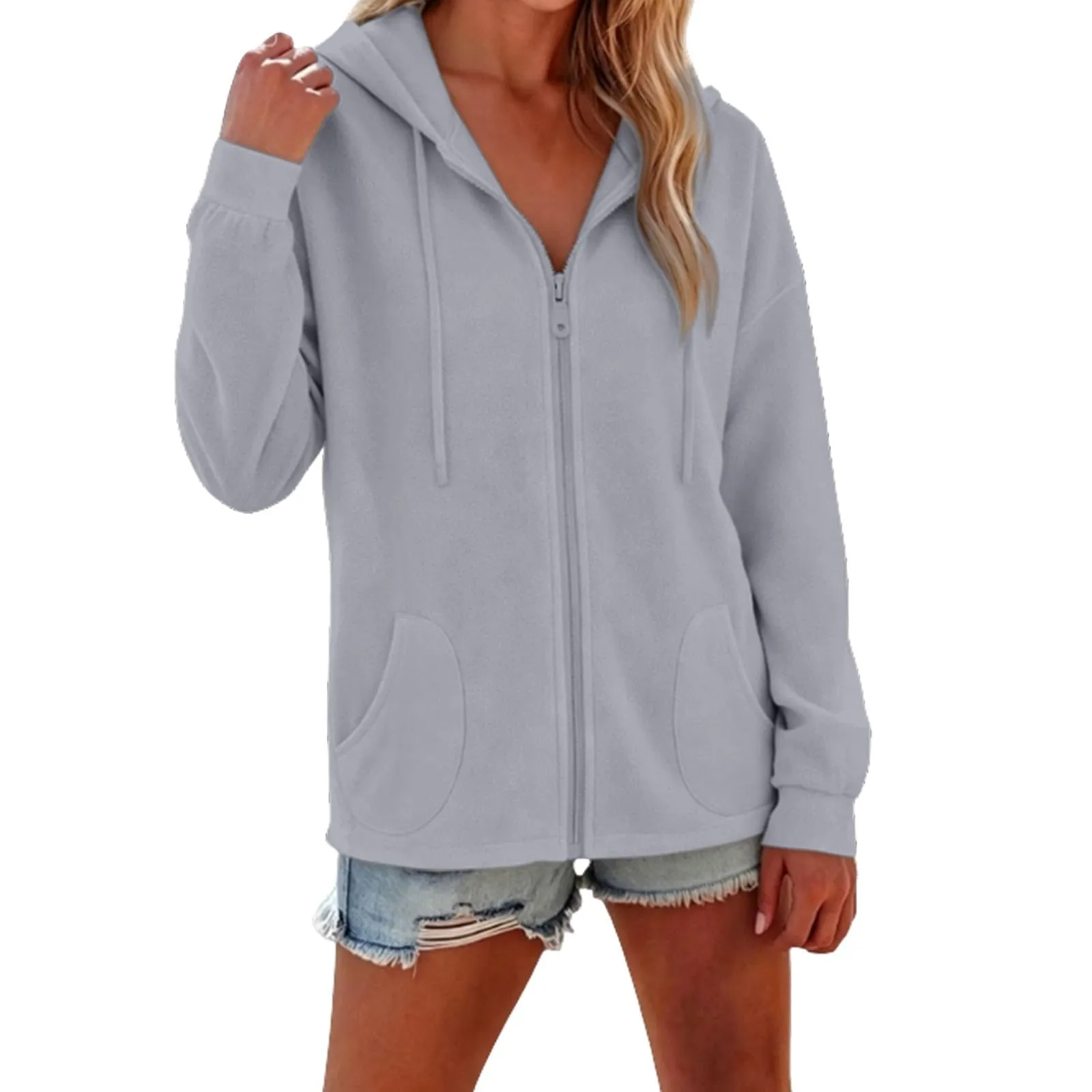 Viunychn Felpa Donna con Zip e Cappuccio, Cotone, Oversize, Grigio - immagine 2
