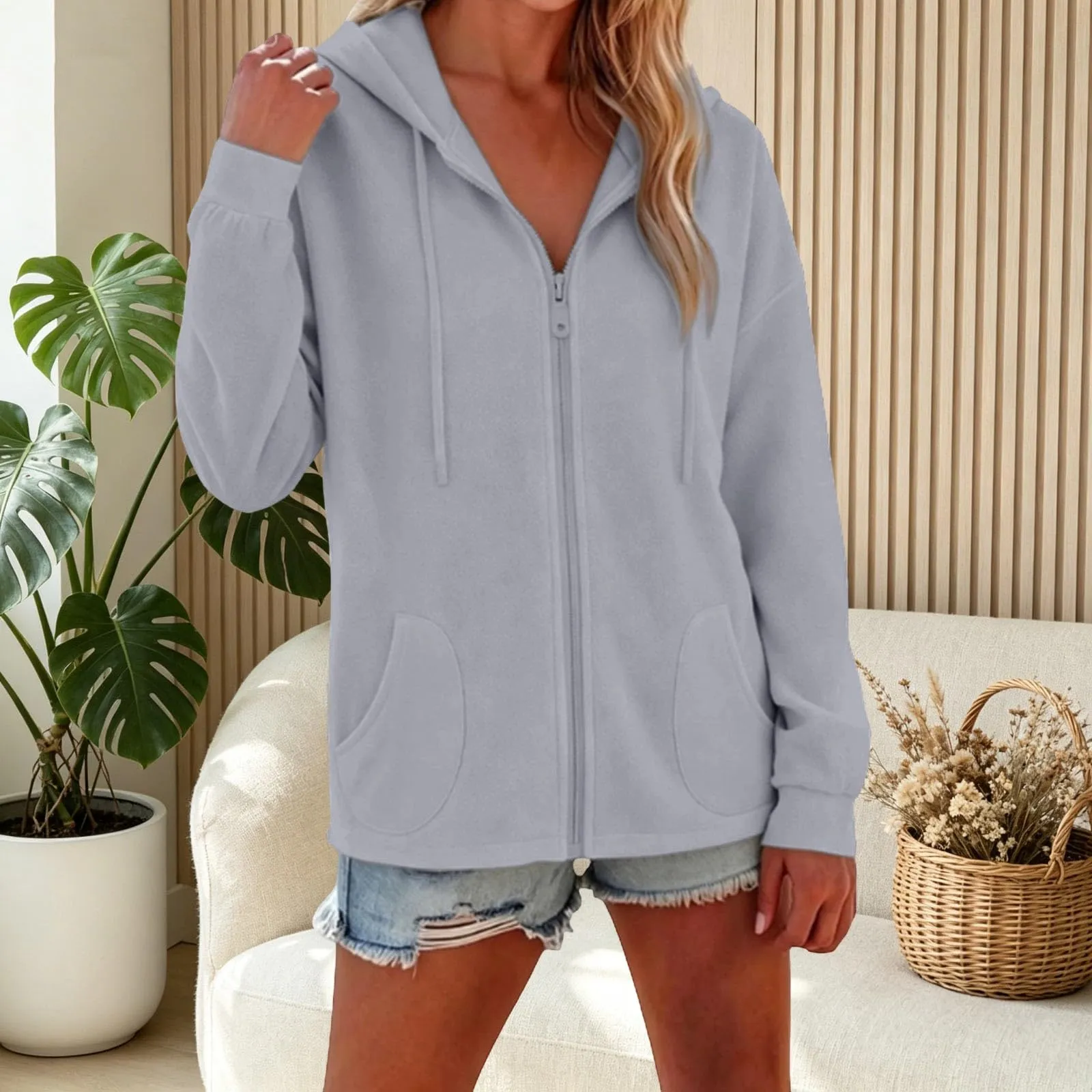 Viunychn Felpa Donna con Zip e Cappuccio, Cotone, Oversize, Grigio - immagine 4