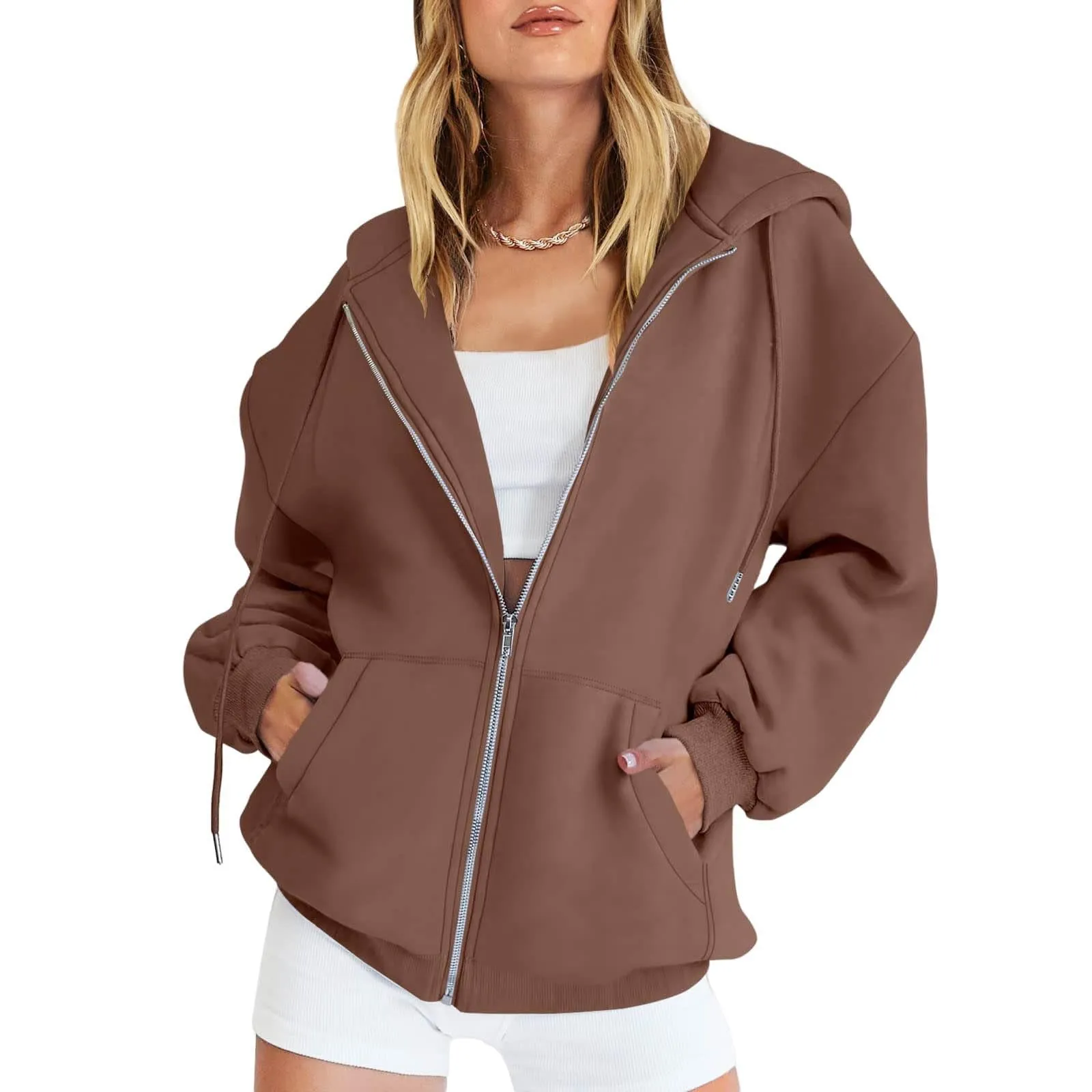 Viunychn Felpa Donna con Zip e Cappuccio in Cotone, Oversize Tinta Unita - immagine 1