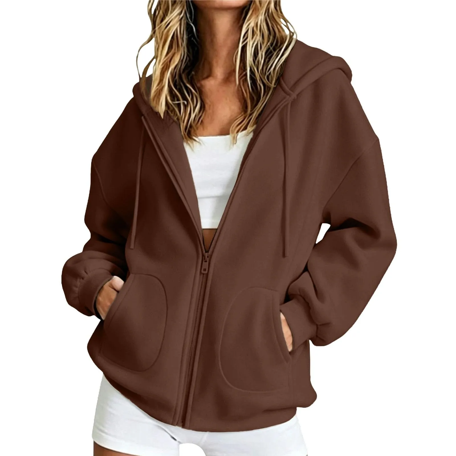 Viunychn Felpa Donna con Zip e Cappuccio in Cotone Oversize Tinta Unita - immagine 1