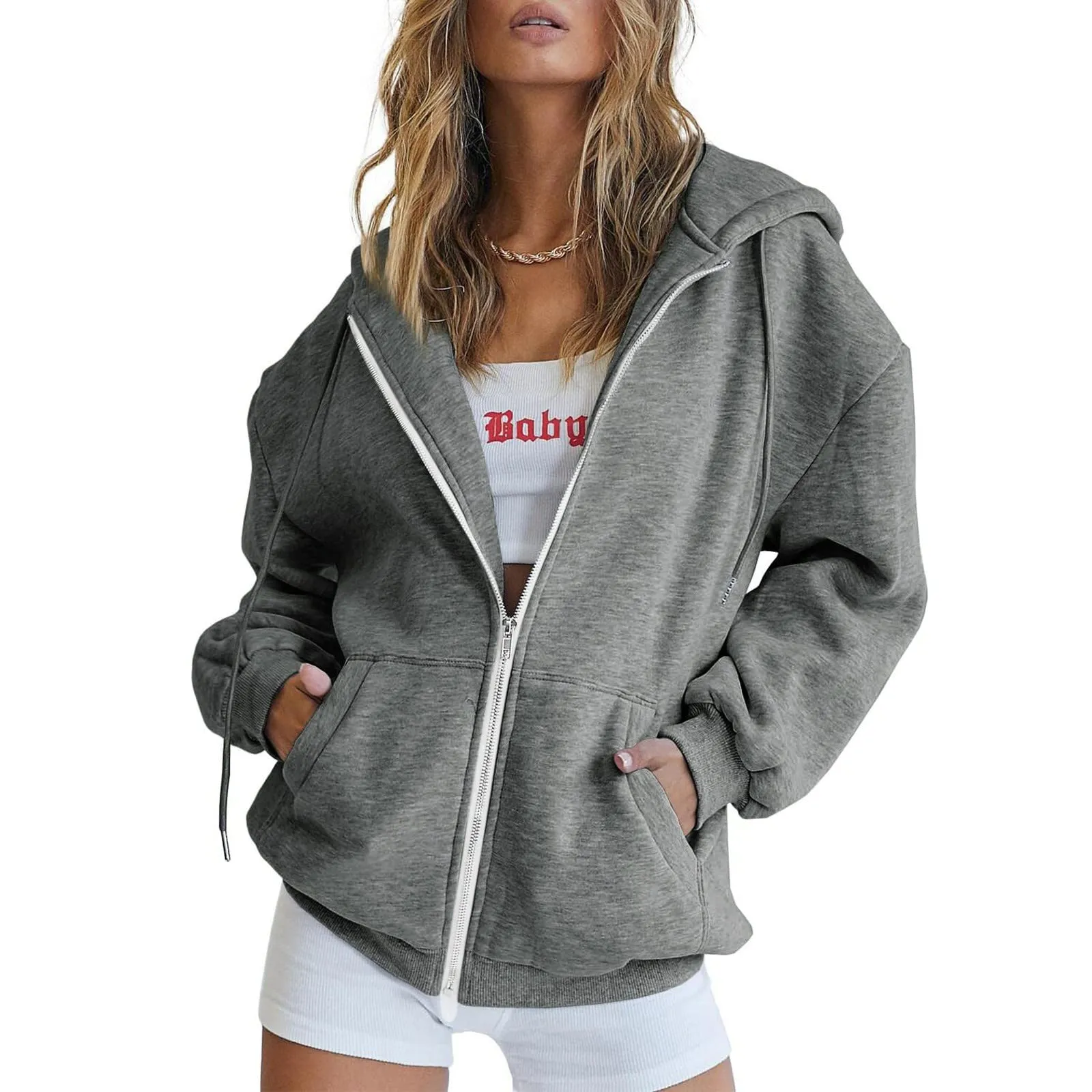 Viunychn Felpa Donna con Zip e Cappuccio in Cotone, Taglio Oversize, Grigio - immagine 2