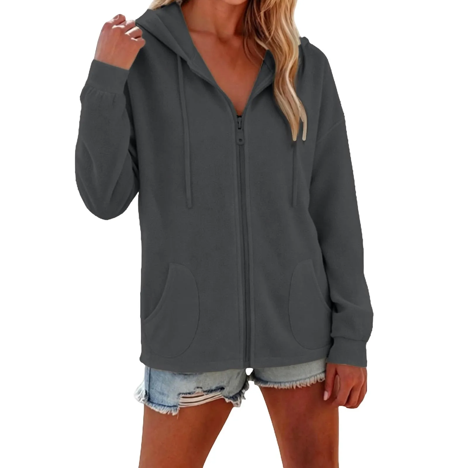 Viunychn Felpa Donna con Zip e Cappuccio in Cotone, Oversize, Grigio Scuro - immagine 2