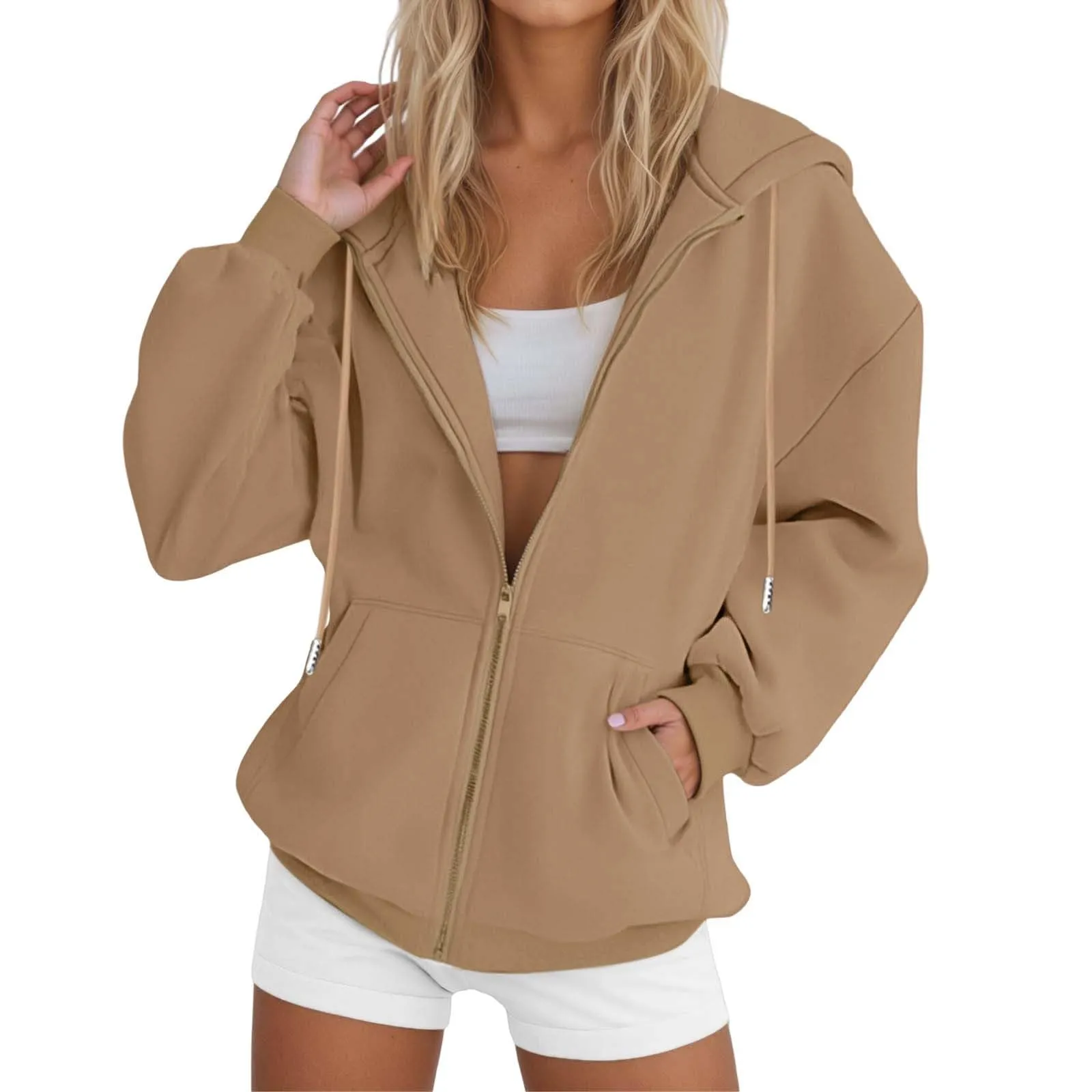 Generico Felpa Donna con Zip e Cappuccio, Classic Sweatshirt - A07 Khaki, 3XL - immagine 2