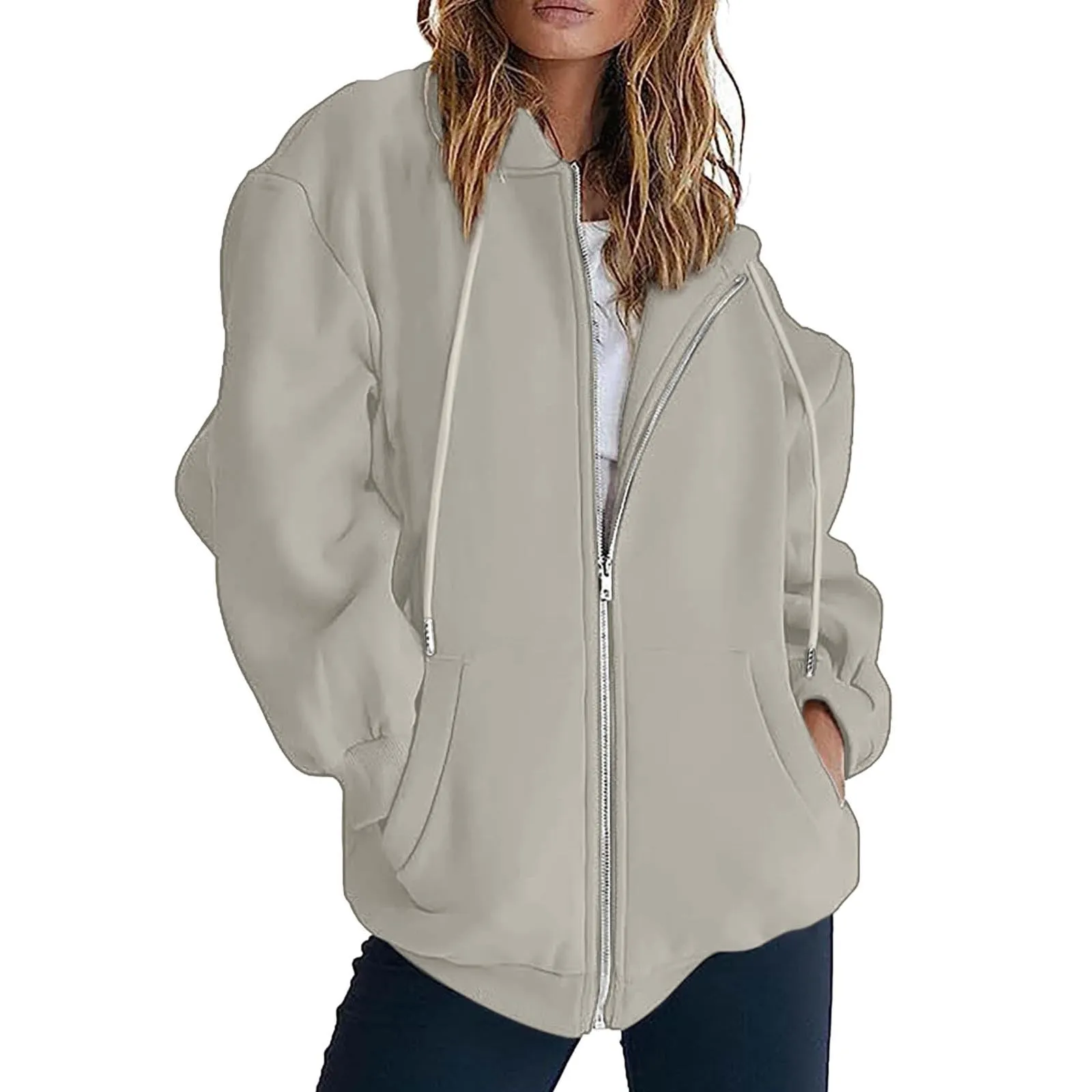 Generico Felpa Donna con Zip e Cappuccio, Classic Sweatshirt - Khaki, XL - immagine 1