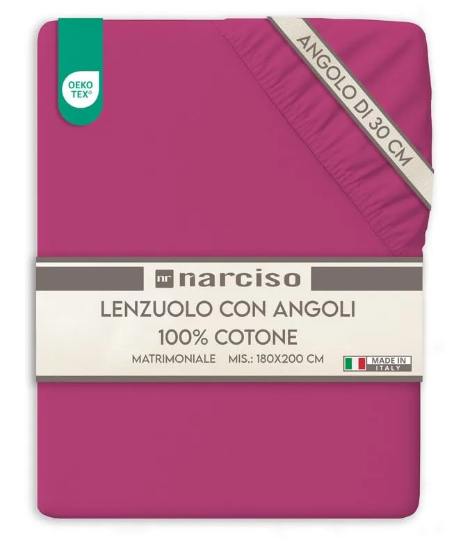 NARCISO Lenzuolo con Angoli Matrimoniale 100% Cotone 180x200+30 cm, Fuxia (2P) - immagine 1