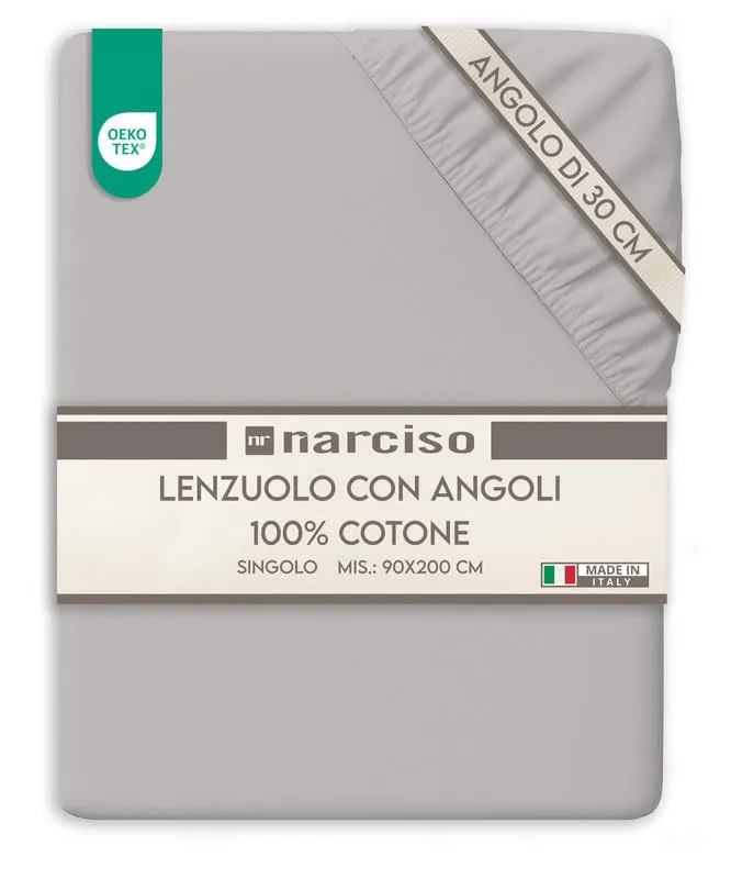 NARCISO Lenzuolo con Angoli Singolo 100% Cotone 90x200+30 cm, Grigio Chiaro - immagine 1