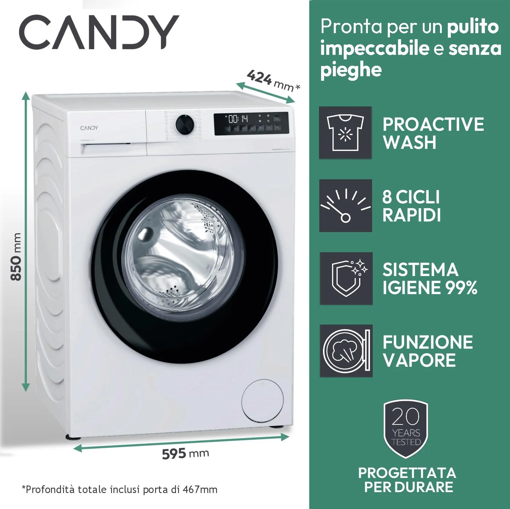 Candy ProWash 300 Lavatrice Slim 7 kg, 1200 giri, Classe A-15%, Bianca - immagine 3