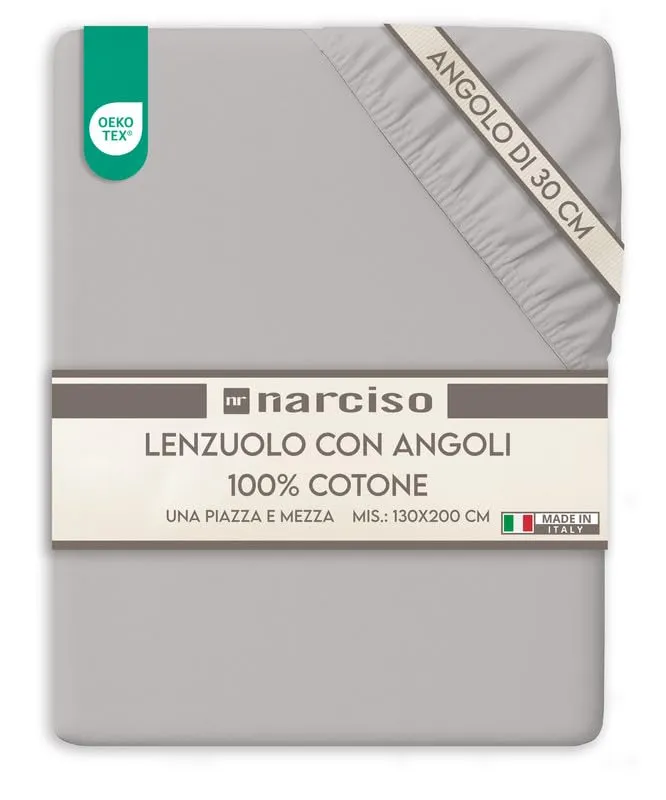 NARCISO Lenzuolo con Angoli Una Piazza e Mezza 100% Cotone 130x200x30 cm, Grigio Chiaro - immagine 1