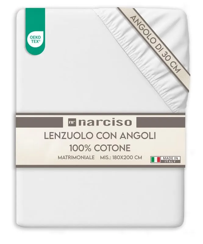 NARCISO Lenzuolo con Angoli Matrimoniale 100% Cotone 180x200x30 cm, Bianco (2 Pezzi) - immagine 1