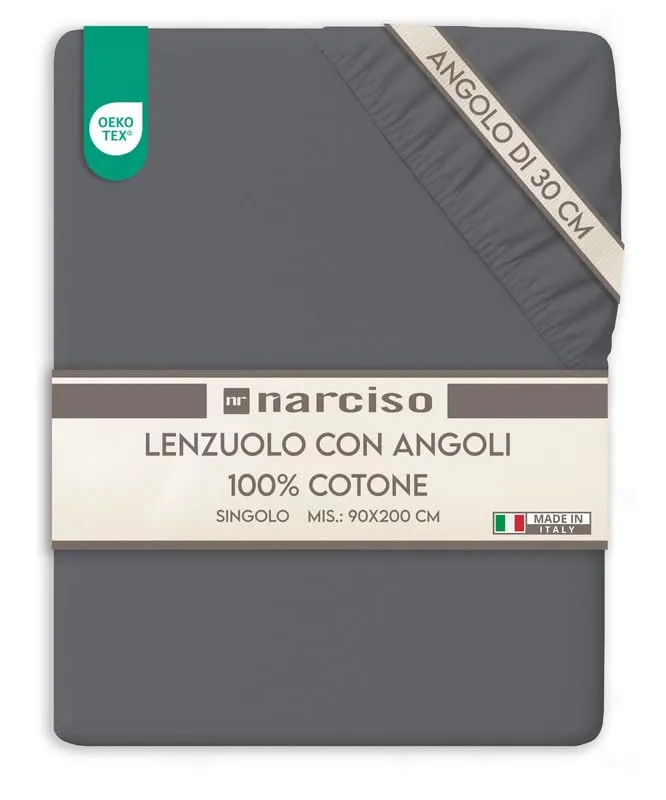 NARCISO Lenzuolo con Angoli Singolo 100% Cotone 90x200x30 cm, Grigio Scuro - immagine 1