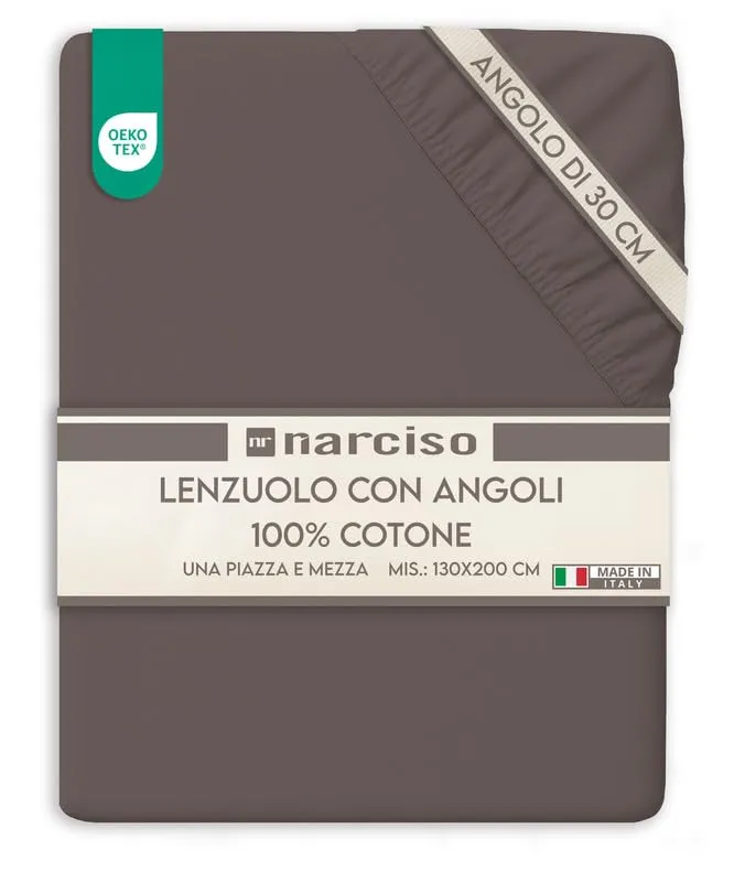 NARCISO Lenzuolo con Angoli Una Piazza e Mezza 100% Cotone 130x200+30 cm, Fango - immagine 1