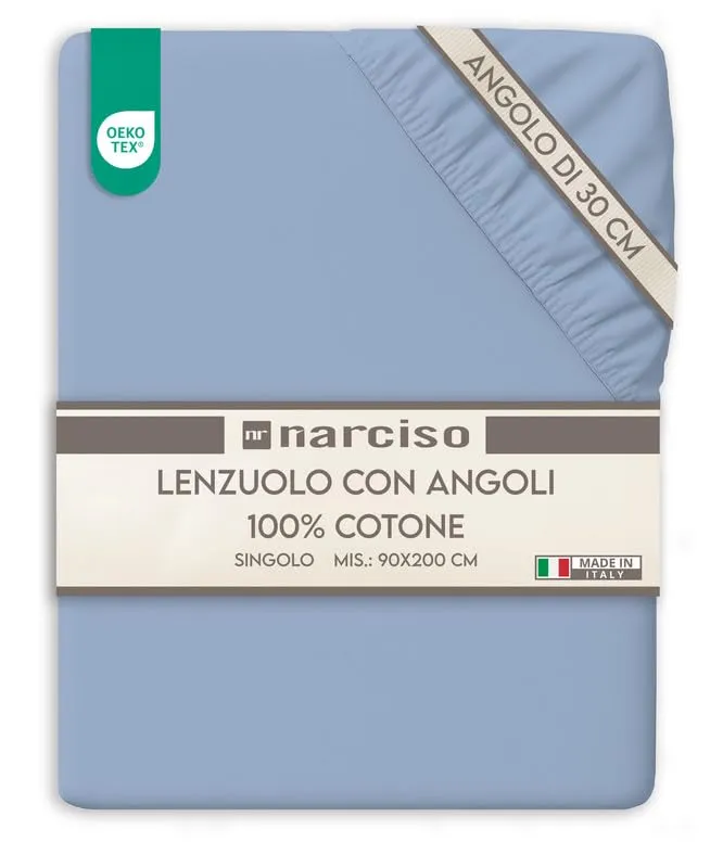 NARCISO Lenzuolo con Angoli Singolo 100% Cotone 90x200+30 cm, Azzurro - immagine 1
