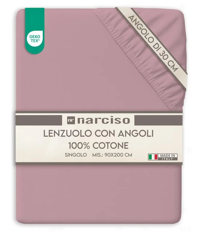 Narciso Lenzuolo con Angoli Singolo 100% Cotone 90x200+30 cm, Cipria - immagine 1