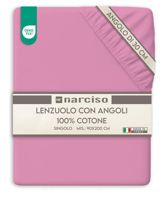 NARCISO Lenzuolo con Angoli Singolo 100% Cotone 90x200+30 cm, Rosa Scuro - immagine 1