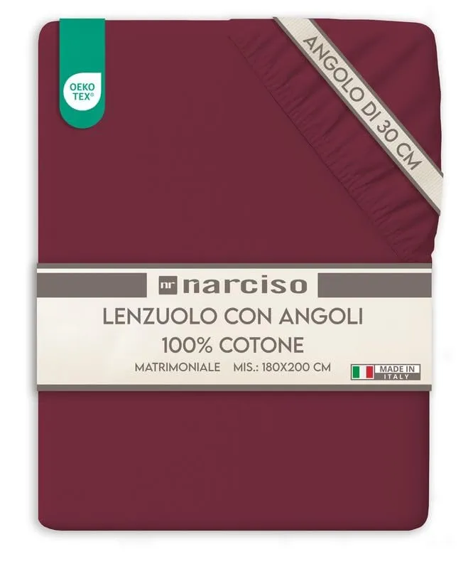 NARCISO Lenzuolo con Angoli Matrimoniale 100% Cotone 180x200x30 cm - Bordeaux - immagine 1