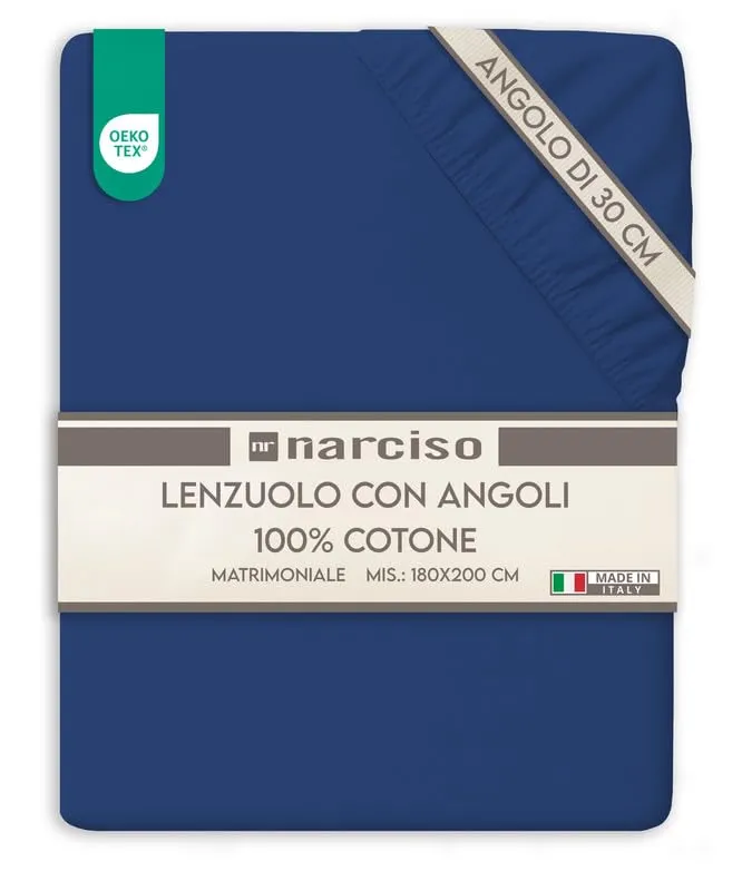NARCISO Lenzuolo con Angoli Matrimoniale 100% Cotone 180x200x30 cm, Blu, 2 Pezzi - immagine 1