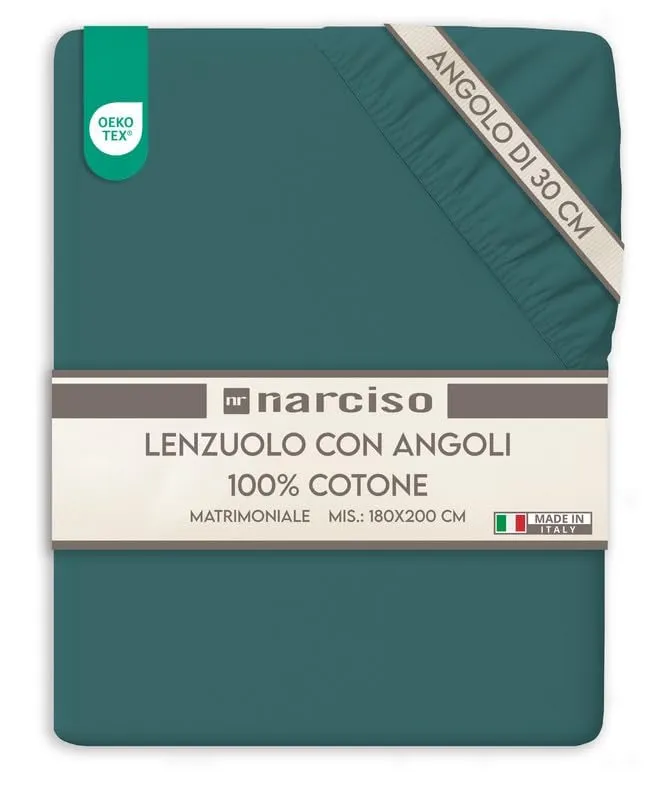 NARCISO Lenzuolo con Angoli Matrimoniale 100% Cotone 180x200+30 cm, Ottanio, 2 Pezzi - immagine 1