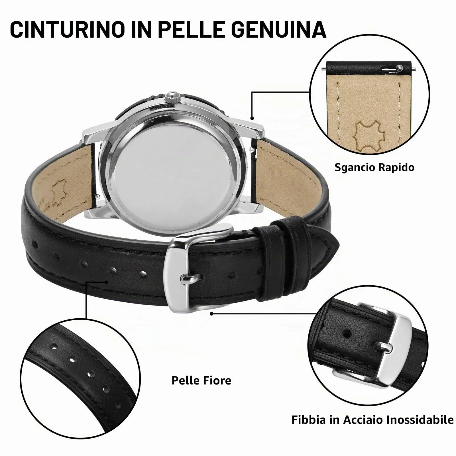BISONSTRAP Cinturino in Pelle Sgancio Rapido 15mm, Nero (Fibbia Argento) - immagine 4