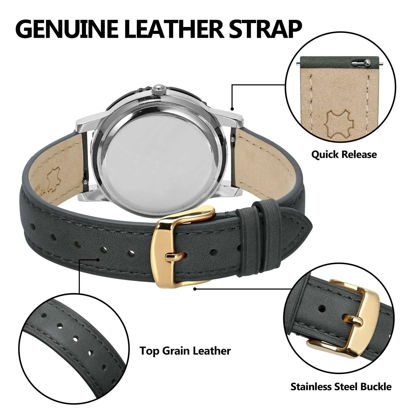 BISONSTRAP Cinturino per Orologi in Pelle, Sgancio Rapido, 16mm, Grigio Scuro (Fibbia Oro) - immagine 4