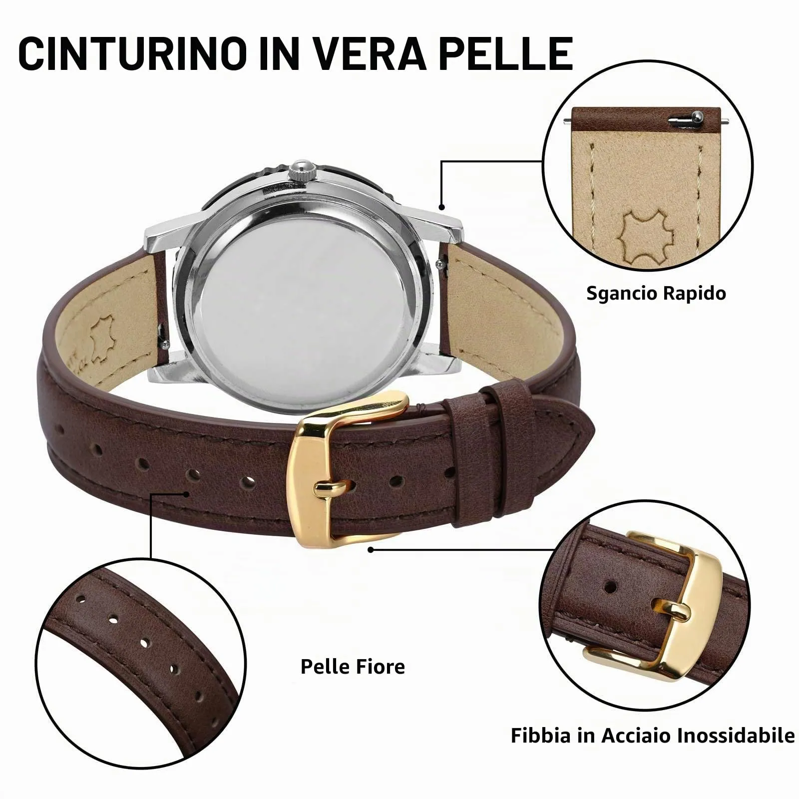 BISONSTRAP Cinturino in Pelle Sgancio Rapido, 16mm, Marrone Scuro (Fibbia Oro) - immagine 4