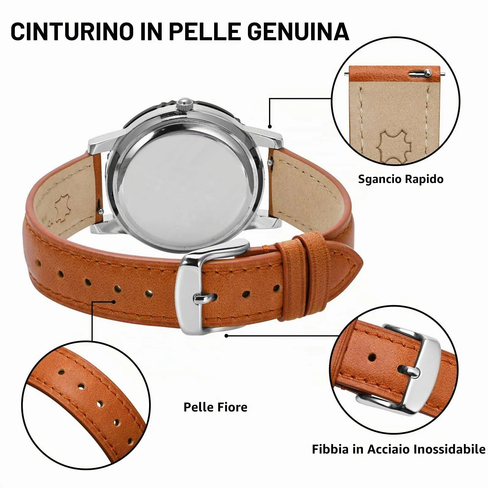 BISONSTRAP Cinturino in Pelle Sgancio Rapido, 20mm, Arancia (Fibbia Argento) - immagine 4