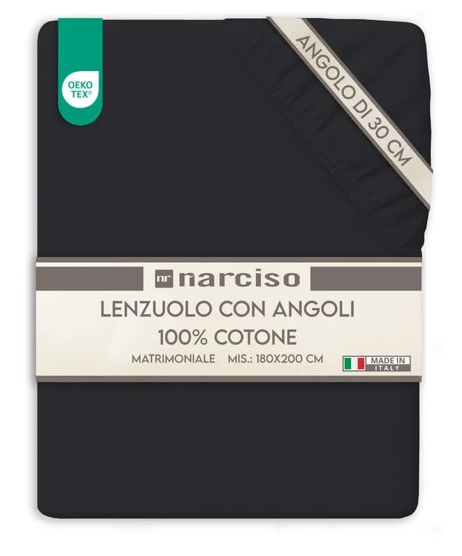 NARCISO Lenzuolo con Angoli Matrimoniale 100% Cotone 180x200x30 cm, Nero (2P) - immagine 1