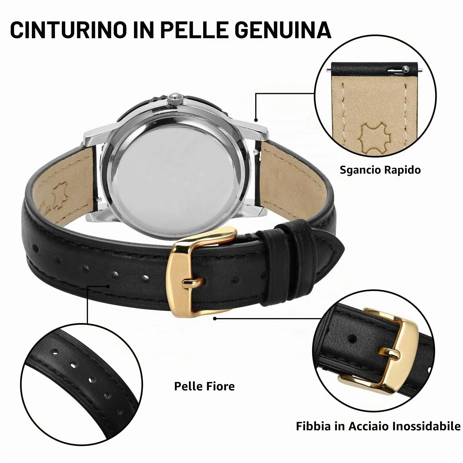 BISONSTRAP Cinturino in Pelle Sgancio Rapido 15mm Nero Fibbia Oro - immagine 4