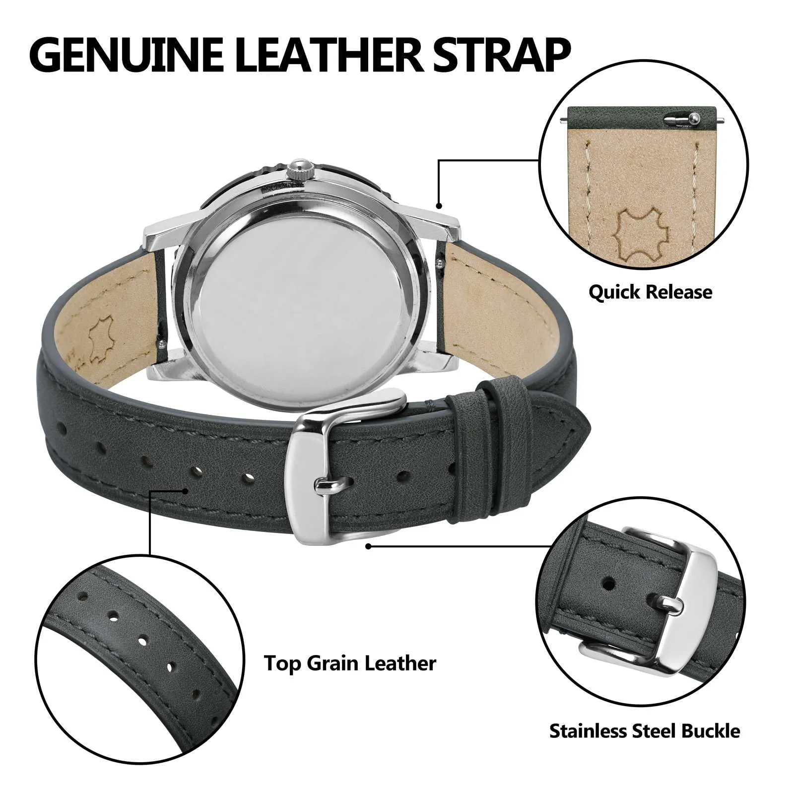 BISONSTRAP Cinturino in Pelle con Sgancio Rapido, 15mm, Grigio Scuro (Fibbia Argento) - immagine 4