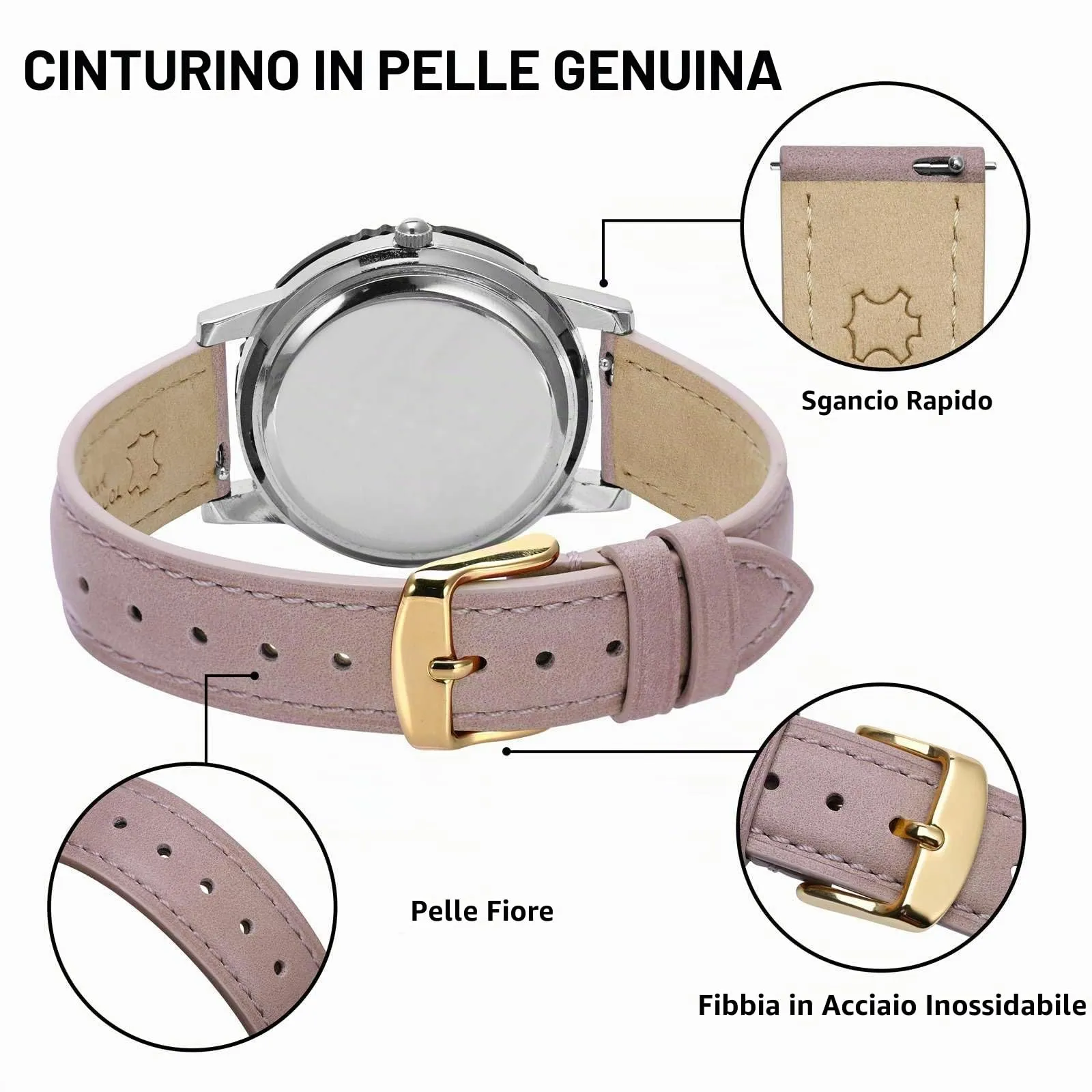 BISONSTRAP Cinturino in Pelle Sgancio Rapido 12mm, Rosa Chiaro (Fibbia Oro) - immagine 4
