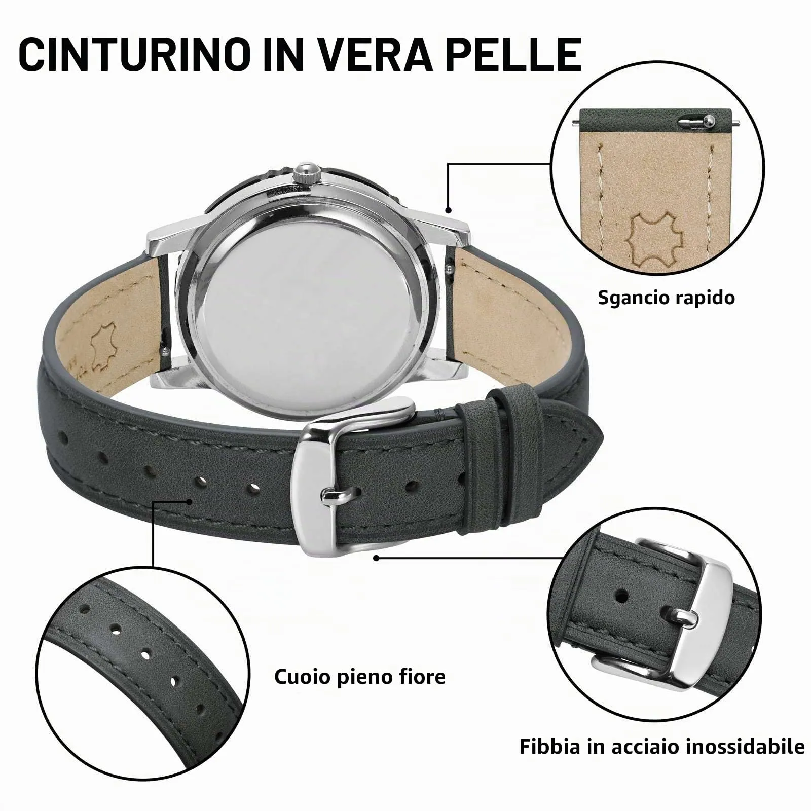 BISONSTRAP Cinturino in Pelle Sgancio Rapido 17mm, Grigio Scuro (Fibbia Argento) - immagine 4