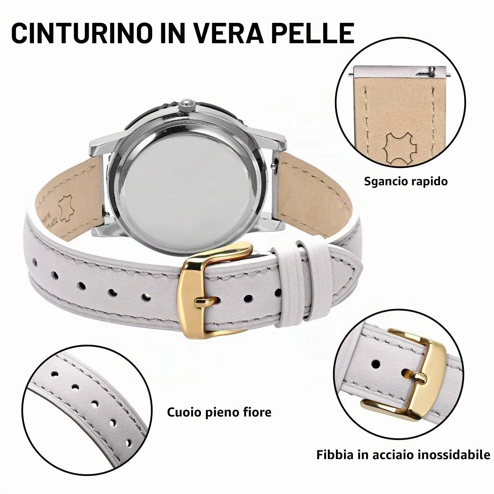 BISONSTRAP Cinturino per Orologi in Pelle, Sgancio Rapido, 16mm, Bianco (Fibbia Oro) - immagine 4