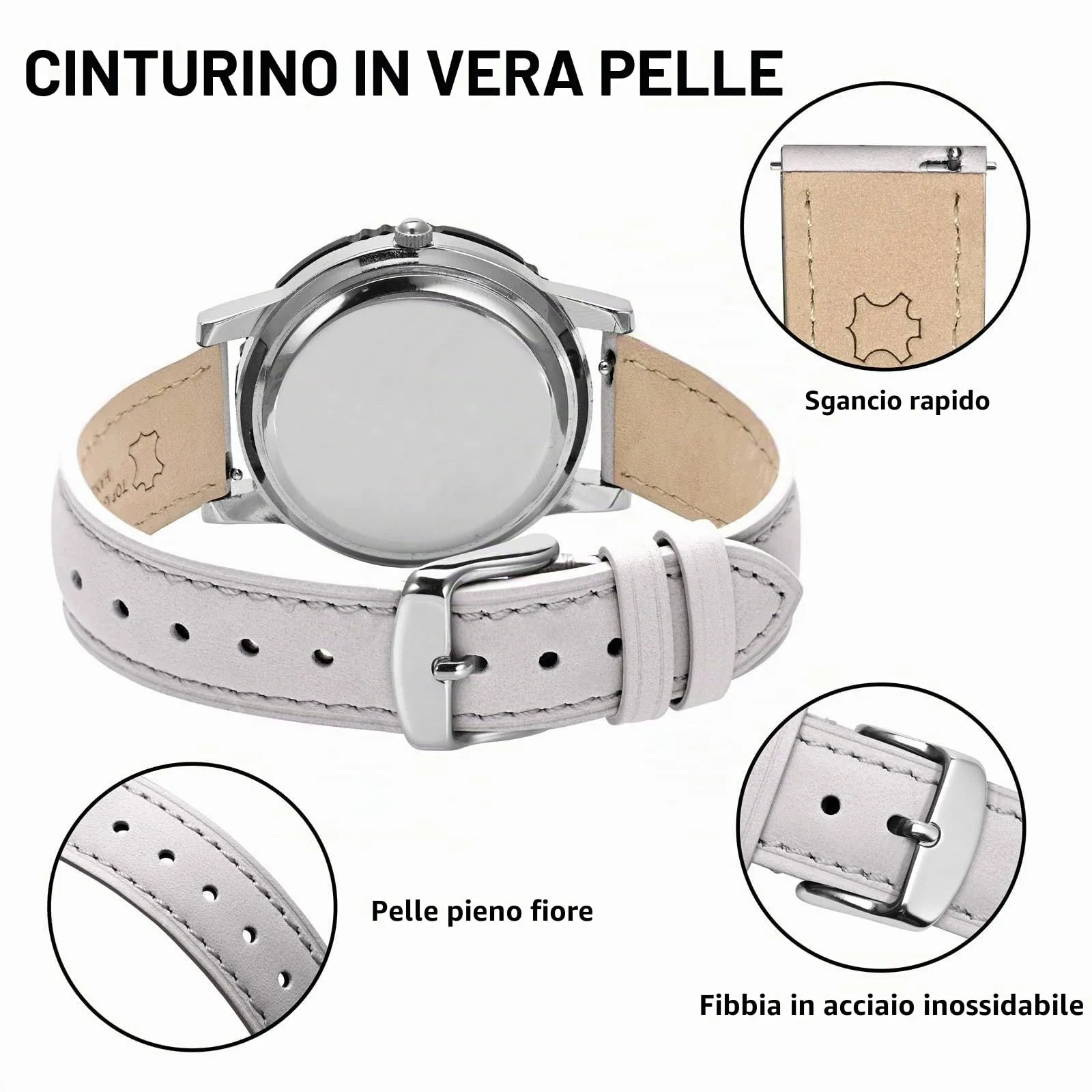 BISONSTRAP Cinturino in Pelle con Sgancio Rapido, 18mm, Bianco (Fibbia Argento) - immagine 4