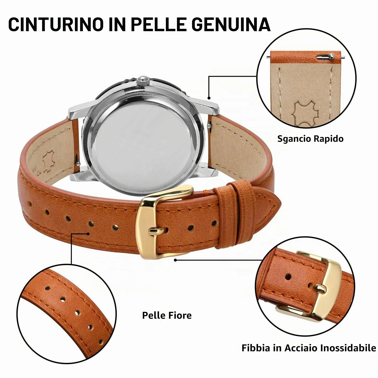 BISONSTRAP Cinturino in Pelle con Sgancio Rapido, 20mm, Arancia (Fibbia Oro) - immagine 4