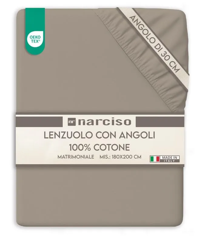 NARCISO Lenzuolo con Angoli Matrimoniale 100% Cotone 180x200x30 cm, Tortora (2 Pezzi) - immagine 1