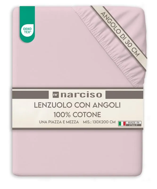 NARCISO Lenzuolo con Angoli Una Piazza e Mezza 100% Cotone 130x200 cm, Rosa Chiaro - immagine 1